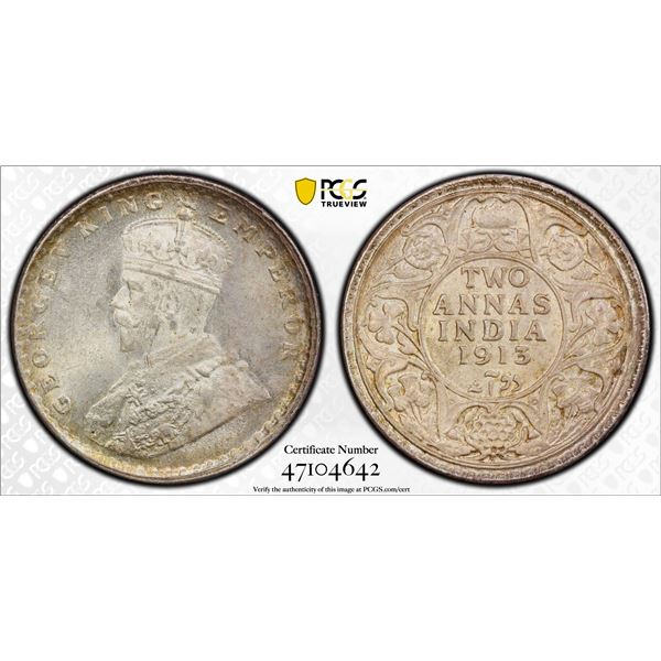 BRITISH INDIA: George V, 1910-1936, AR 2 annas, 1913(b), PCGS MS64