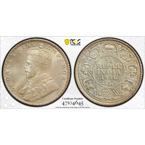 BRITISH INDIA: George V, 1910-1936, AR 1/4 rupee, 1936(b), PCGS MS65