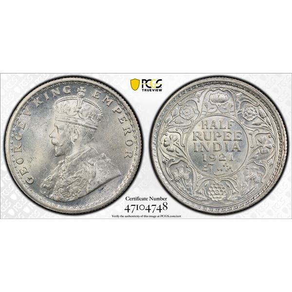 BRITISH INDIA: George V, 1911-1936, AR 1/2 rupee, 1921(c), PCGS MS64