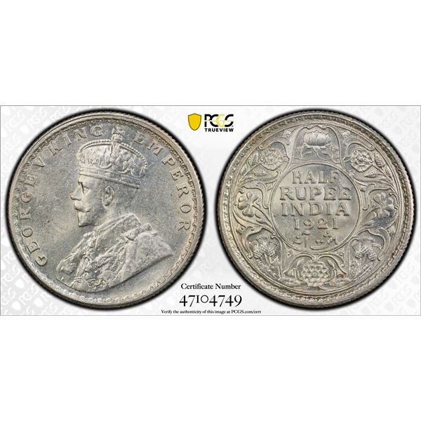 BRITISH INDIA: George V, 1911-1936, AR 1/2 rupee, 1921(c), PCGS MS63