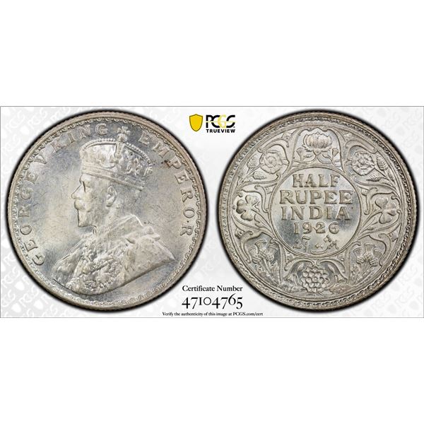 BRITISH INDIA: George V, 1911-1936, AR 1/2 rupee, 1926(b), PCGS MS64