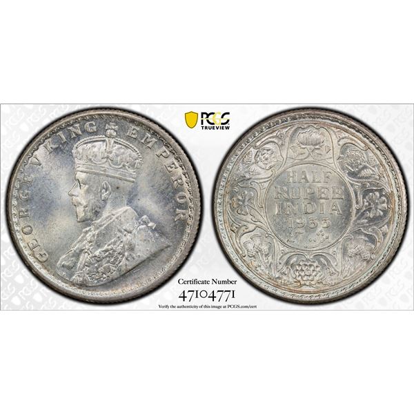 BRITISH INDIA: George V, 1911-1936, AR 1/2 rupee, 1933(c), PCGS MS65