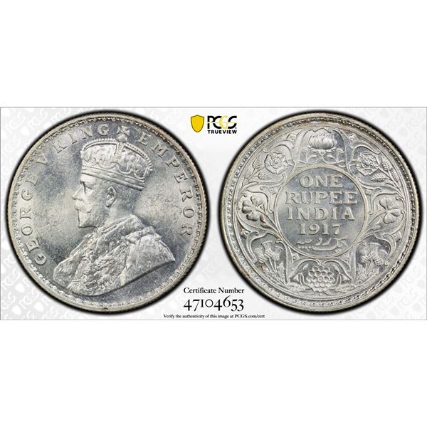 BRITISH INDIA: George V, 1910-1936, AR rupee, 1917(b), PCGS MS63
