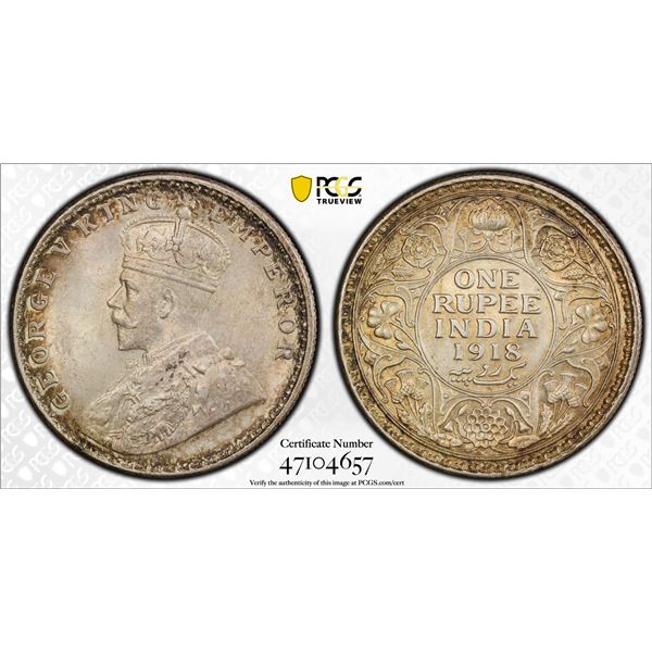 BRITISH INDIA: George V, 1910-1936, AR rupee, 1918(c), PCGS MS65