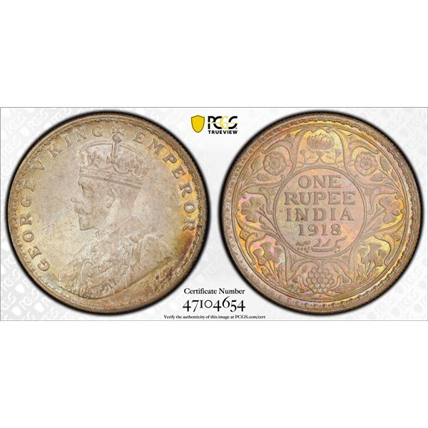 BRITISH INDIA: George V, 1910-1936, AR rupee, 1918(b), PCGS MS64