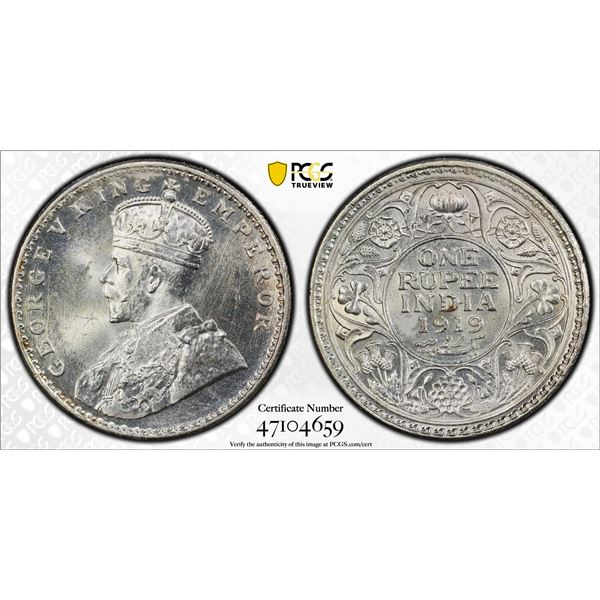 BRITISH INDIA: George V, 1910-1936, AR rupee, 1919(c), PCGS MS63