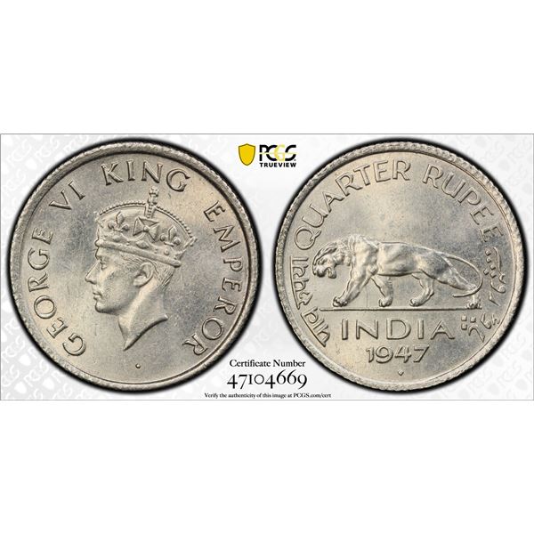 BRITISH INDIA: George VI, 1936-1947, 1/4 rupee, 1947(b), PCGS MS64