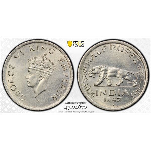 BRITISH INDIA: George VI, 1936-1947, 1/2 rupee, 1947(b), PCGS MS62