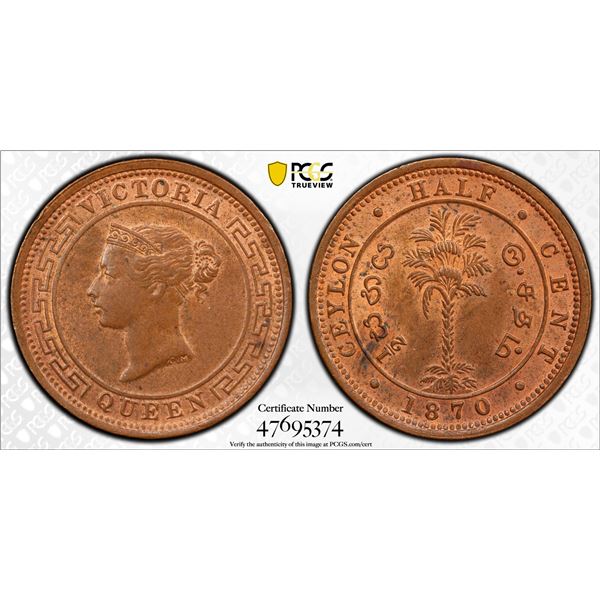 CEYLON: Victoria, 1837-1901, AE 1/2 cent, 1870, PCGS MS63 RB