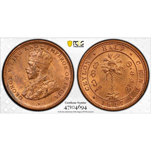CEYLON: George V, 1910-1936, AE 1/2 cent, 1917, PCGS MS64 RB