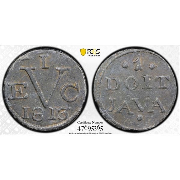 INDONESIA: JAVA: British Occupation, tin duit, 1813, PCGS EF45