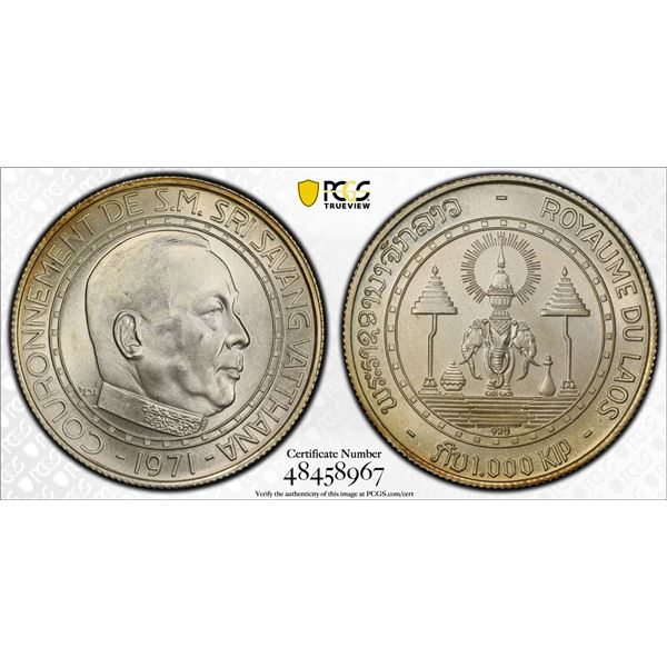 LAOS: Savang Vatthana, 1959-1975, AR 1000 kip, 1971, PCGS MS66