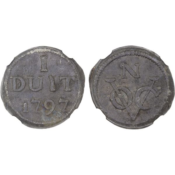 NETHERLANDS EAST INDIES: United East India Company, tin duit, 1797, NGC EF45