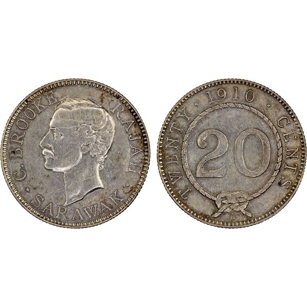 SARAWAK: Charles J. Brooke, 1868-1917, AR 20 cents, 1910-H, VF-XF