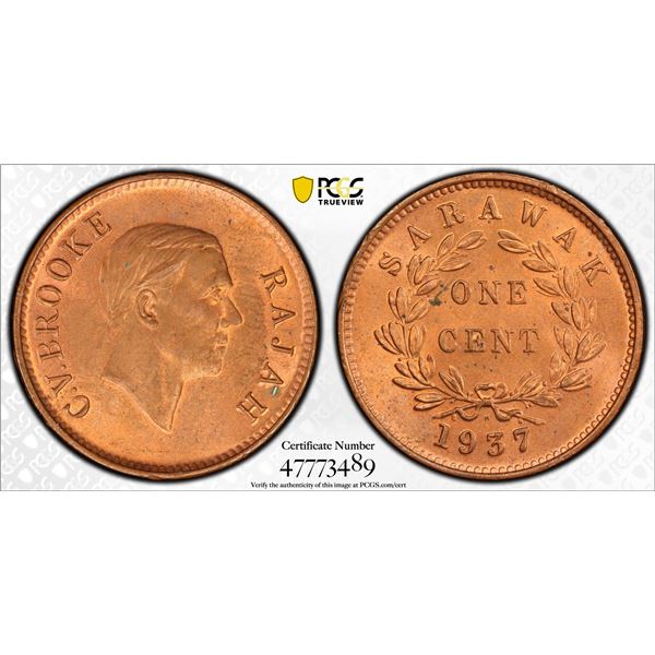 SARAWAK: Charles V. Brooke, 1917-1946, AE cent, 1937-H, PCGS MS64 RB
