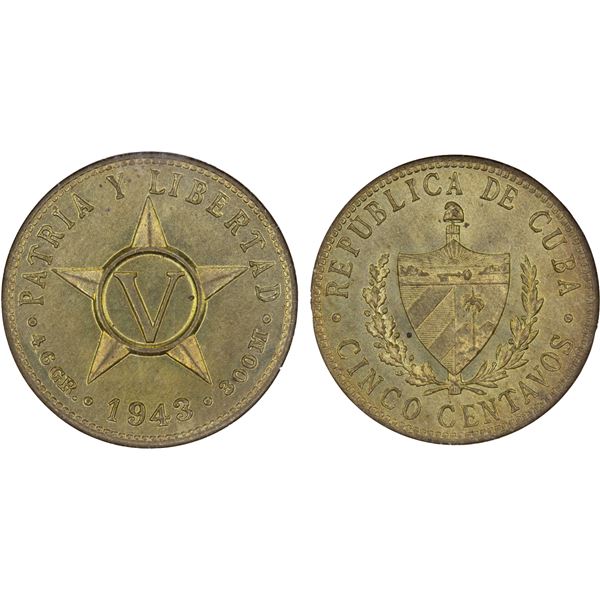 CUBA: Republic, 5 centavos, 1943, NGC MS64