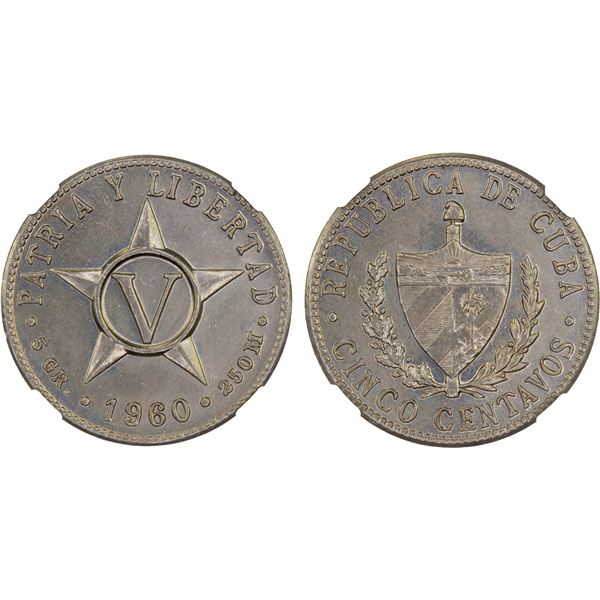 CUBA: Republic, 5 centavos, 1960, NGC MS62