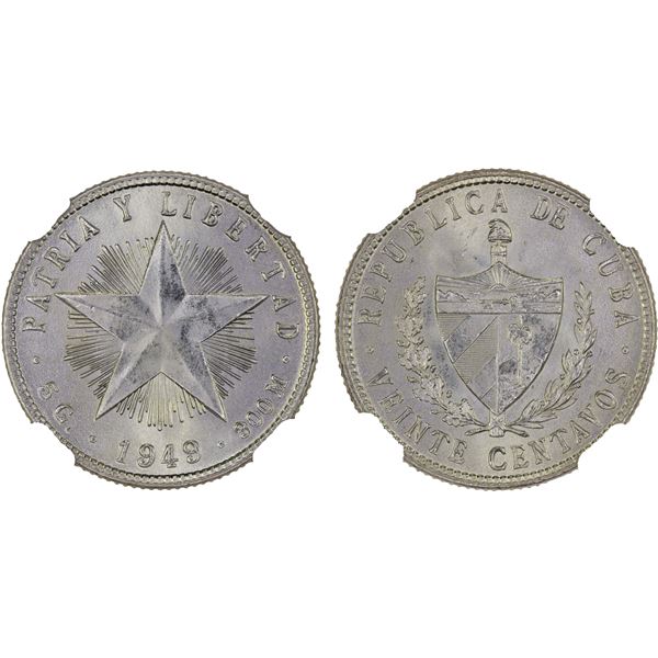 CUBA: Republic, AR 20 centavos, 1949, NGC MS65