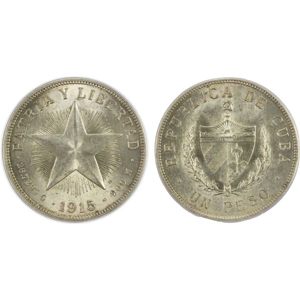 CUBA: Republic, AR peso, 1915, PCGS MS62