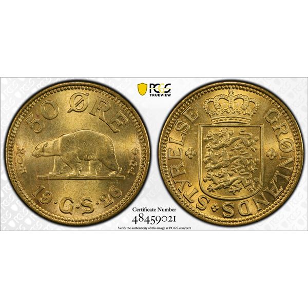 GREENLAND: Christian X, 1912-1947, 50 øre, 1926, PCGS MS66