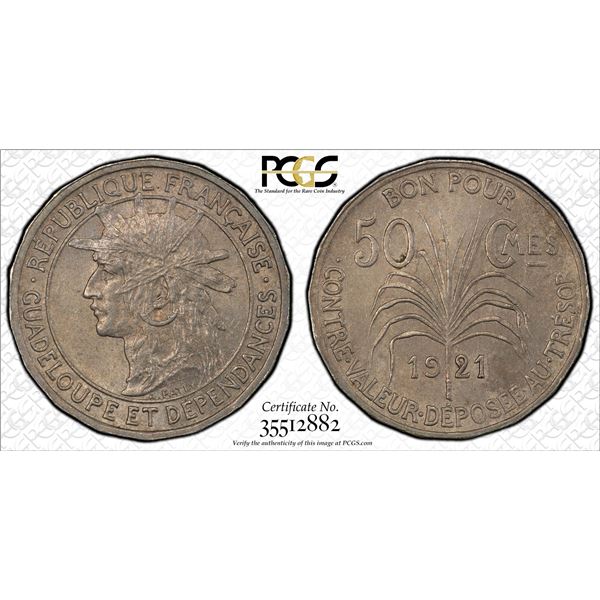 GUADELOUPE: French Colony, 50 centimes, 1921, PCGS MS63