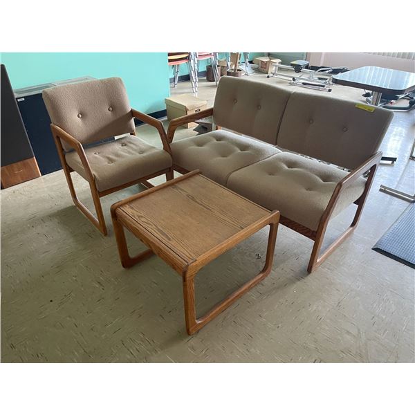 3 Pc - Vintage Loveseat & Chair - Beige Cloth & Solid Oak Furniture