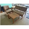 Image 1 : 3 Pc - Vintage Loveseat & Chair - Beige Cloth & Solid Oak Furniture