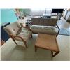Image 2 : 3 Pc - Vintage Loveseat & Chair - Beige Cloth & Solid Oak Furniture