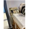 Image 2 : Group lot - Wooden Work Bench (48.5 x 33 x 40") w/ Contents Including Phone, Chair, Rolling Rack, Et