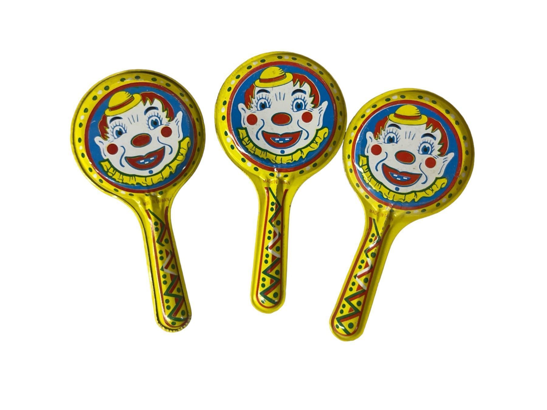 Tin Rattle 3 Pc - Vintage Children's Tin Clown Rattle Set
