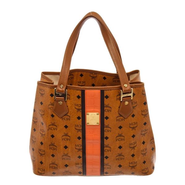 MCM Brown Visetos Leather-Trimmed Tote Bag