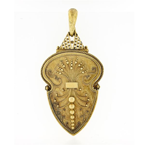 Antique Victorian 14k Gold Etruscan Revival Bead Wire Work Large Shield Pendant