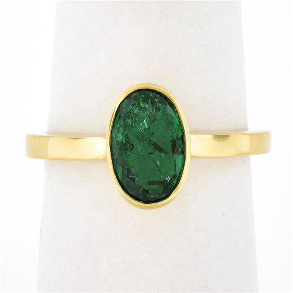 Solid 18K Yellow Gold 1.21 ctw Oval Bezel Set Emerald Solitaire Engagement Ring