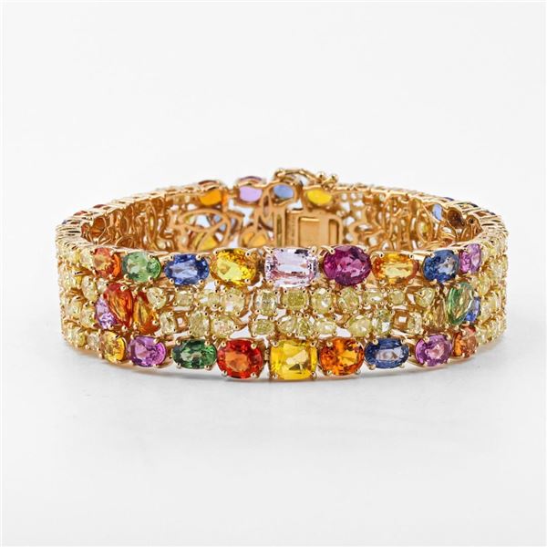 31.68 ctw Multi-Color Sapphire and 13.37 ctw Diamond 14K Yellow Gold Bracelet
