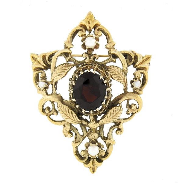 Antique Victorian Revival 14K Gold Oval Garnet & Pearl Floral Pin Brooch Pendant