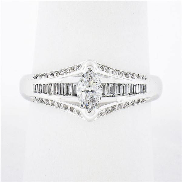 14k White Gold 1.37 ctw Marquise Solitaire Baguette Round Diamond Engagement Rin