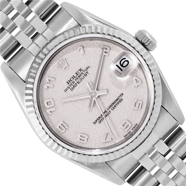 Rolex Ladies Stainless Steel Midsize 31MM Cream Arabic Dial 18K Gold Fluted Beze