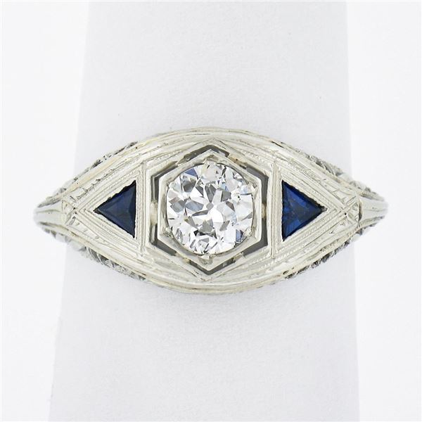 Antique Art Deco 18k Gold Old European Diamond w/ Sapphire Floral Filigree Ring