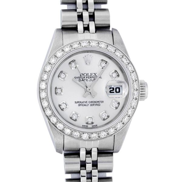 Rolex Ladies Quickset Stainless Steel Silver Diamond Bezel Datejust Wristwatch