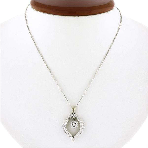 Vintage 14k White Gold 0.99 ctw Round Diamond Dangle Pendant w/ 15" Chain Neckla
