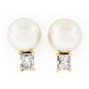 Image 1 : 14k Yellow Gold 7.9mm FINE Pearl w/ 0.54 ctw Princess Diamond Drop Stud Earrings