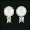 Image 2 : 14k Yellow Gold 7.9mm FINE Pearl w/ 0.54 ctw Princess Diamond Drop Stud Earrings