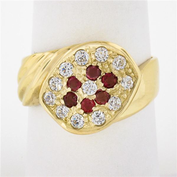 Vintage 18K Gold Round Pave Set Cubic Zirconia & Ruby Grooved Cluster Band Ring