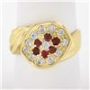 Image 1 : Vintage 18K Gold Round Pave Set Cubic Zirconia & Ruby Grooved Cluster Band Ring