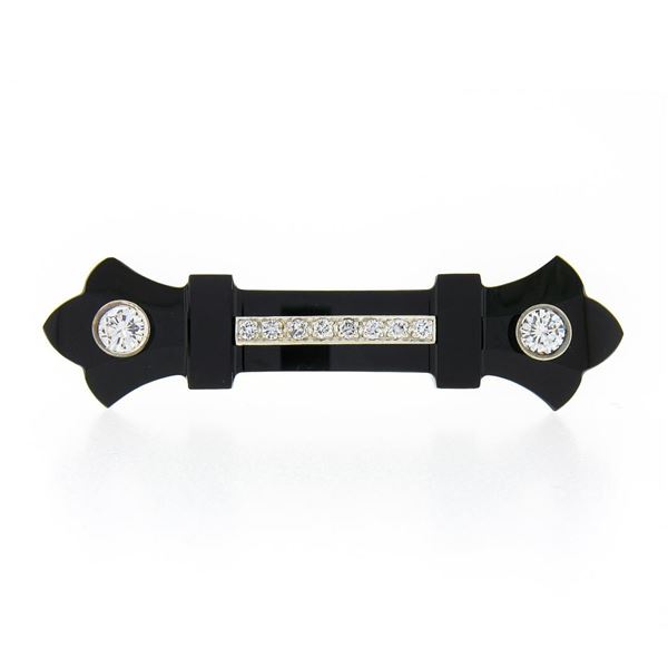 Vintage 14k Gold 1.14 ctw Diamond Carved Black Onyx Fluer De Lis Bar Pin Brooch