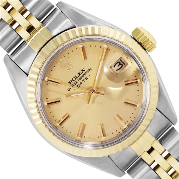 Rolex Ladies Two Tone Champagne Index Fluted Bezel Date Wristwatch With Rolex Bo