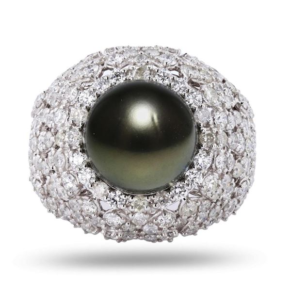 11mm Tahitian Pearl and 3.00 ctw Diamond 18K White Gold Ring