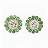 Image 1 : New 14k Yellow Gold 1.33 ctw Diamond Emerald Halo Milgrain Flower Cluster Earrin