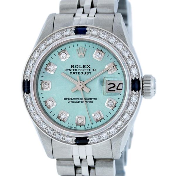 Rolex Ladies Quickset Stainless Steel Blue Diamond And Sapphire Datejust Wristwa