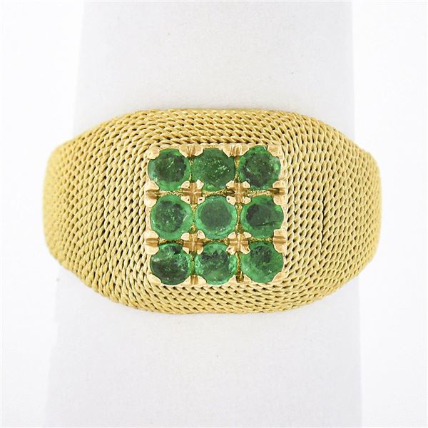 Vintage 18k Yellow Gold .75 ctw Round Emerald Cluster w/ Wrapped Twisted Wire Ri